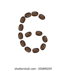 Number "6" made of roasted coffee bean, isolated  