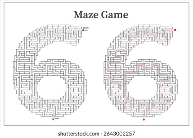 Number 6 maze game pattern decorative design template