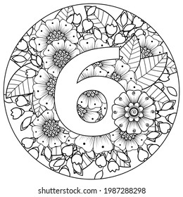 Number 6 with Mehndi flower. decorative ornament in ethnic oriental style. coloring book page. 
