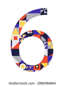 Número 6 de formas geométricas multicolores aisladas en blanco. Neo geo. Ilustración del vector