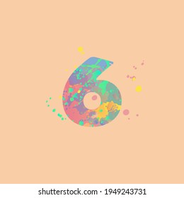 Number 6 with multicolored mixed spots of pink, yellow, blue, turquoise paint on peach background. Design for banners, flyers, tags, decorations, poster or invitation.