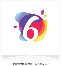 Number 6 Negative space design. Number 6 logo at colorful multicolor splash background