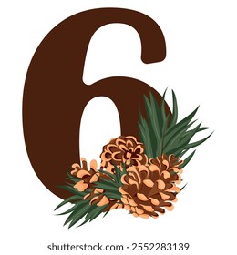 number 6 with new year design, namely different pine cones and pine branches for christmas and new year designs