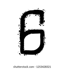 Number 6, numeral, sixth. Black ink with splashes on white background