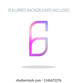 Number 6, numeral, sixth. Colorful logo concept with simple shadow on white. 10 different blurred backgrounds included