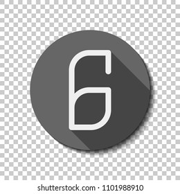 Number 6, numeral, sixth. flat icon, long shadow, circle, transparent grid. Badge or sticker style