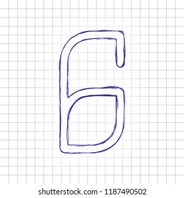 Number 6, numeral, sixth. Hand drawn picture on paper sheet. Blue ink, outline sketch style. Doodle on checkered background