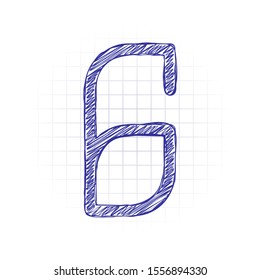 Number 6, numeral, sixth. Hand drawn sketched picture with scribble fill. Blue ink. Doodle on white background