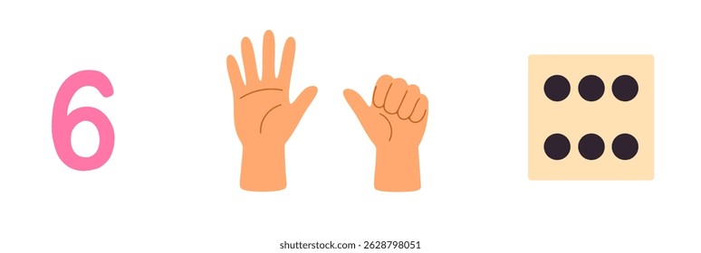 Number 6 with one full hand and thumb from other hand and matching dice