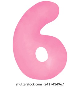Number 6 pink painted in watercolor, vector illustration.