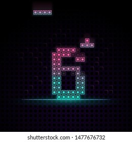 Number 6 in Pixel art, 8bit game, Synth wave style, 80s-90s, this game have number 0-9 that relate to each other