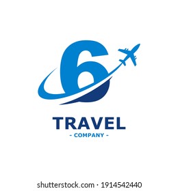 Number 6 with plane and airline logo vector template. Suitable for travel label, tourism, journey posters, flight company advertising, airways identity, and tech transportation