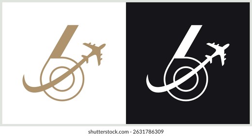 Number 6 Plane Travel Logo Template Design Vector, line Design Concept, Creative Symbol, Icon