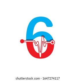Number 6 with Pulse Logo Vector Element Symbol Template