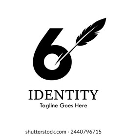 Number 6 with quill feather design template illustration. suitable for education, lawyer, learning brand, publishing related business.