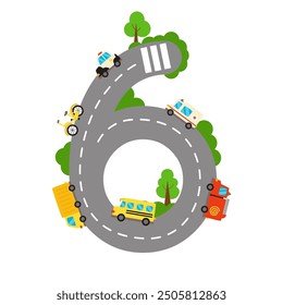 Number 6. Road numbers. Children game. Learning numerals. Vector illustration.