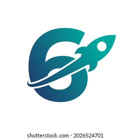 Number 6 with Rocket Up and Swoosh Logo Design. Creative Letter Mark Suitable for Company Brand Identity, Travel, Start up, Logistic, Business Logo Template