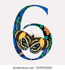 Number 6 Seguy Papillons art illustration, isolated vector element. Vintage E.A. Seguys inspired font. Colorful and patterned vintage typography vector.