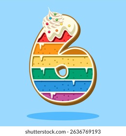 The number 6 shaped rainbow cake