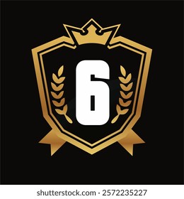 Number 6 Shield Logo with Golden Crown, Laurel Wreaths, and Black Background Premium Award Design Concept