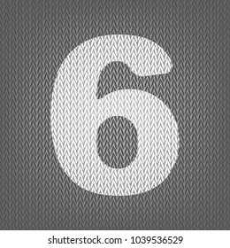Number 6 sign design template element. Vector. White knitted icon on gray knitted background. Isolated.