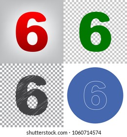 Number 6 sign design template element. Vector. 4 styles. Red gradient in radial lighted background, green flat and gray scribble icons on transparent and linear one in blue circle.