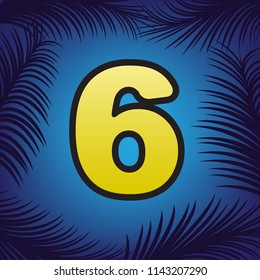 Number 6 sign design template element. Vector. Golden icon with black contour at blue background with branches of palm trees.