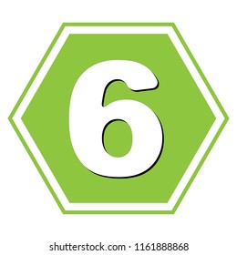 Number 6 sign design template element. Vector. White icon with black shadow at yellow green honeycomb on white background.