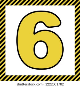 Number 6 sign design template element. Vector. Warm yellow icon with black contour in frame named as under construction at white background. Isolated.