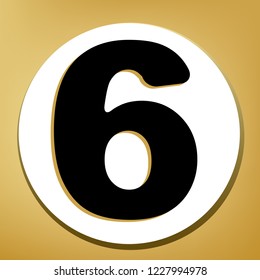 Number 6 sign design template element. Vector. Black icon with light brown shadow in white circle with shaped ring at golden background.