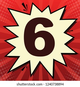 Number 6 sign design template element. Vector. Dark red icon in lemon chiffon shutter bubble at red popart background with rays.