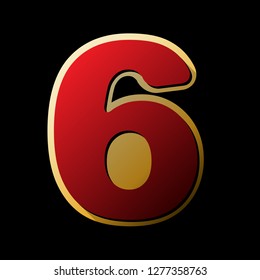 Number 6 sign design template element. Vector. Red icon with small black and limitless shadows at golden sticker on black background.
