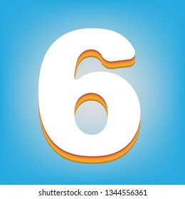 Number 6 sign design template element. Vector. White icon with 3d warm-colored gradient body at sky blue background.