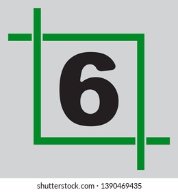 Number 6 sign design template element. Black icon inside green crop tool at light gray background