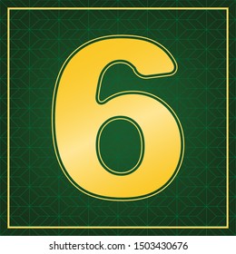Number 6 sign design template element. Golden icon with gold contour at dark green gridded background. Illustration.