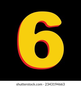 Number 6 sign design template element. 3D Extruded Yellow Icon with Red Sides a Black background. Illustration.