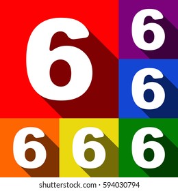 Number 6 sign design template element. Vector. Set of icons with flat shadows at red, orange, yellow, green, blue and violet background.