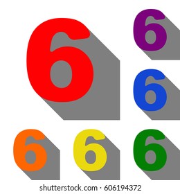 Number 6 sign design template element. Set of red, orange, yellow, green, blue and violet icons at white background with flat shadow.
