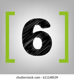 Number 6 sign design template element. Vector. Black scribble icon in citron brackets on grayish background.