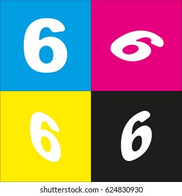 Number 6 sign design template element. Vector. White icon with isometric projections on cyan, magenta, yellow and black backgrounds.