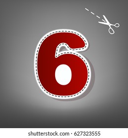 Number 6 sign design template element. Vector. Red icon with for applique from paper with shadow on gray background with scissors.