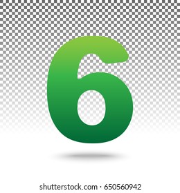Number 6 sign design template element. Vector. Green gradient icon with shadow at bottom on transparent and white background.