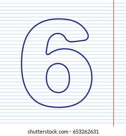 Number 6 sign design template element. Vector. Navy line icon on notebook paper as background with red line for field.