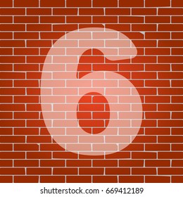 Number 6 sign design template element. Vector. Whitish icon on brick wall as background.