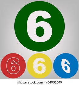 Number 6 sign design template element. Vector. 4 white styles of icon at 4 colored circles on light gray background.