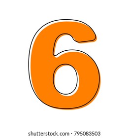 Number 6 sign design template element. Vector. Black line icon with shifted flat orange filled icon on white background. Isolated.