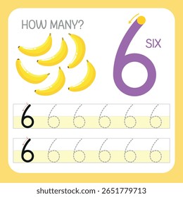 Number 6 - Six bananas - Learning and writing number - Number drawing activity
