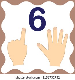Number 6 (six), educational card, learning counting with fingers of hand, mathematics. Vector illustration.