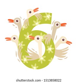 Number 6 and six geese. Vector illustration on a white background.