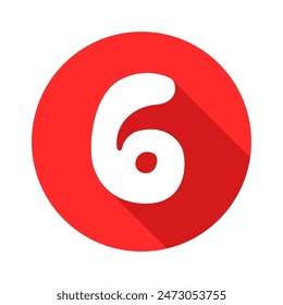 Number 6 six icon vector illustration, flat design icon with long shadow,red circle icon